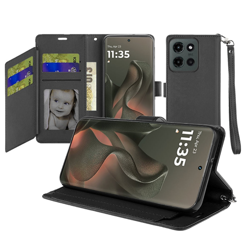 For Motorola Edge 2025 Case PU Leather Wallet w/ Extra Card Flat and Wrist strap