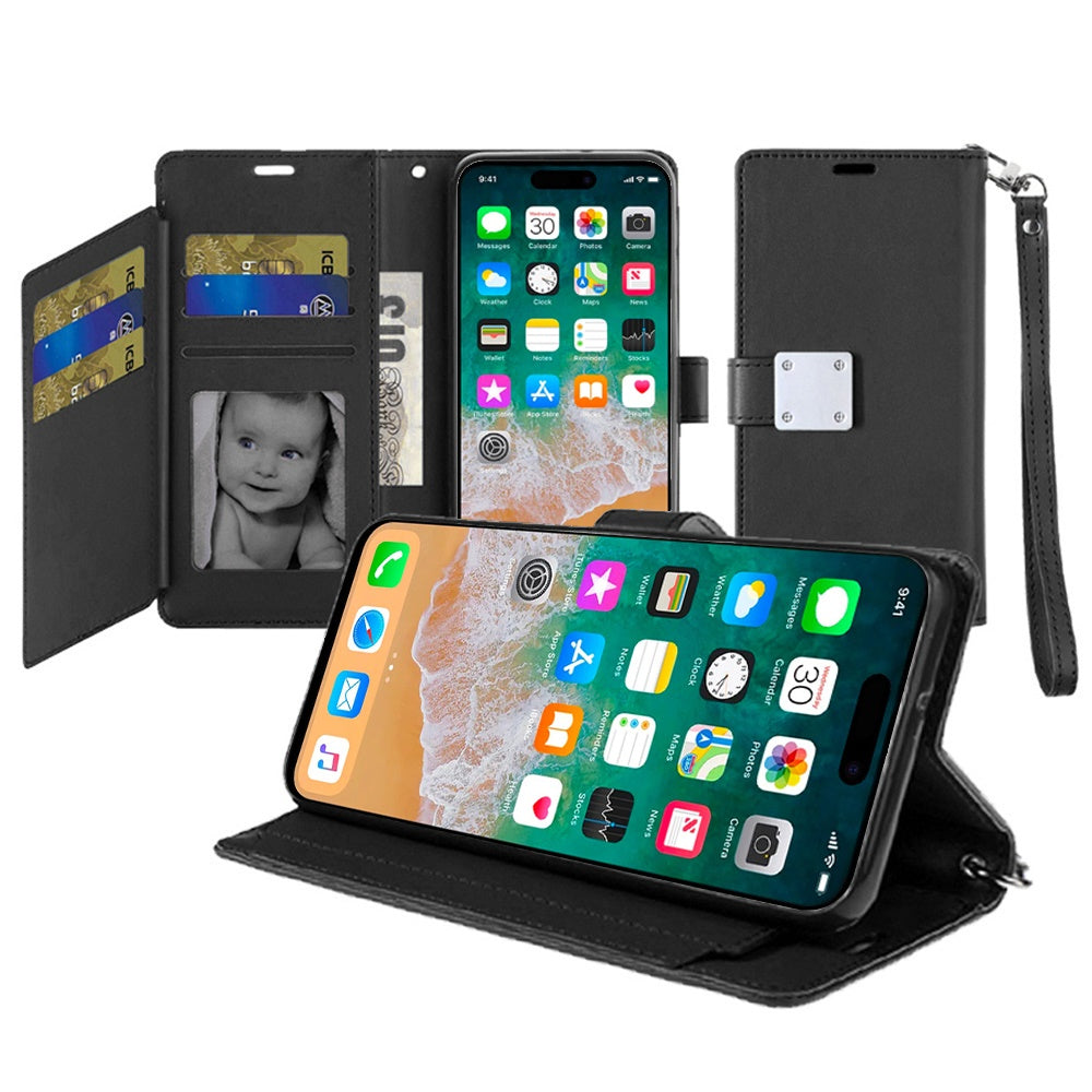 For iPhone 16 PRO MAX Case PU Leather Wallet Extra Card Flap + Tempered Glass