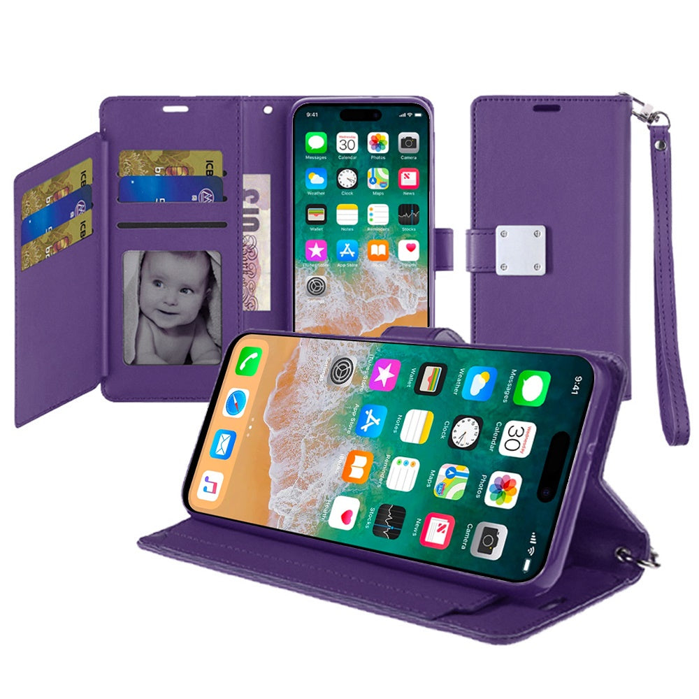 For iPhone 16 PRO MAX Case PU Leather Wallet Extra Card Flap + Tempered Glass