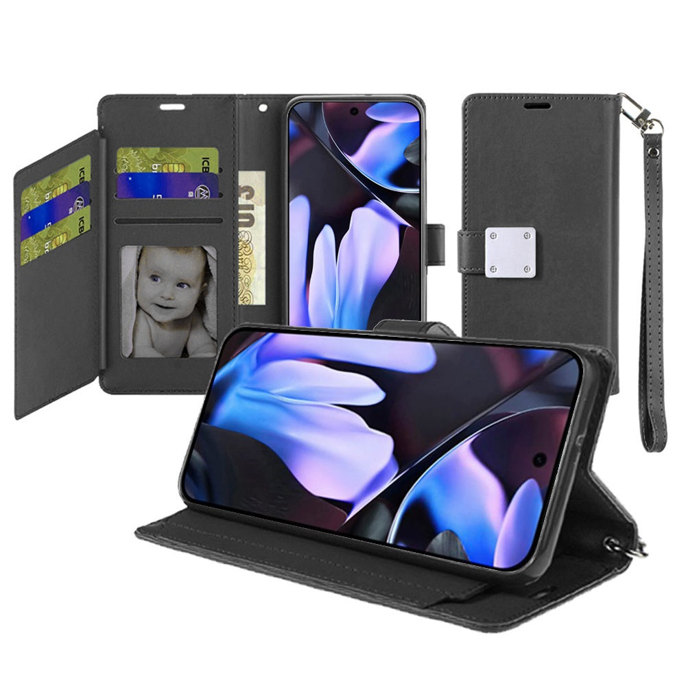 For Google Pixel 9a Case PU Leather Phone Wallet w/ Wrist strap + Tempered Glass