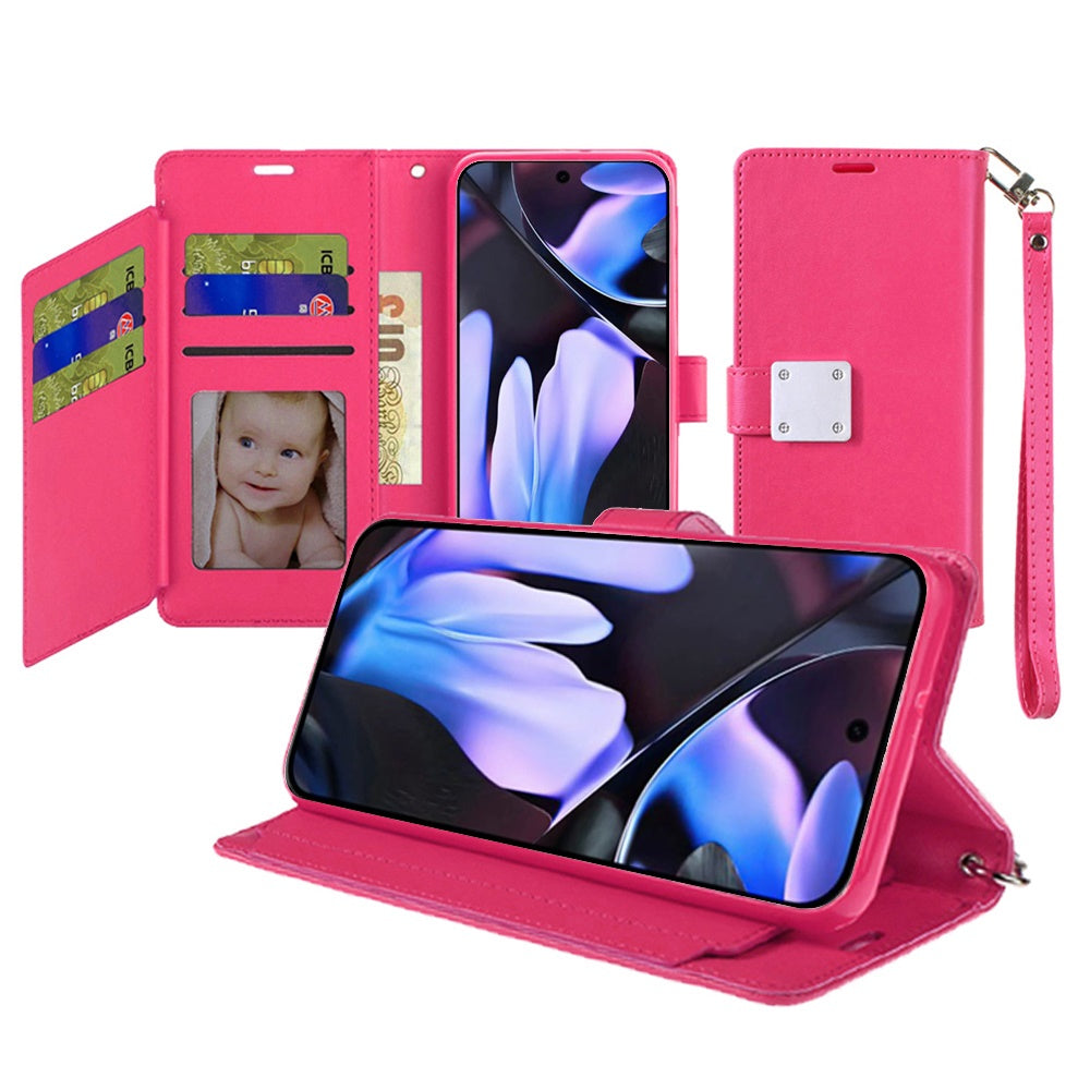 For Google Pixel 9a Case PU Leather Phone Wallet w/ Wrist strap + Tempered Glass