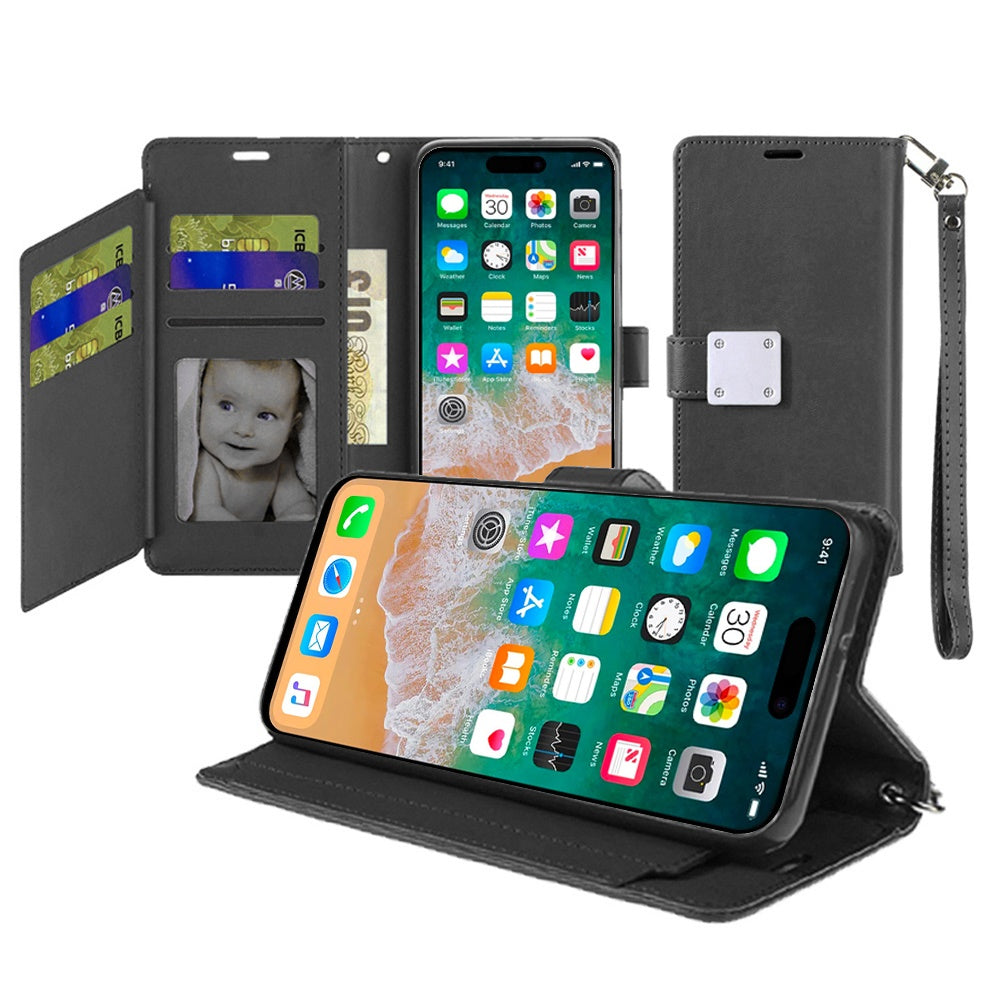 For iPhone 16 Plus 6.7in Case PU Leather Wallet Extra Card Flap + Tempered Glass