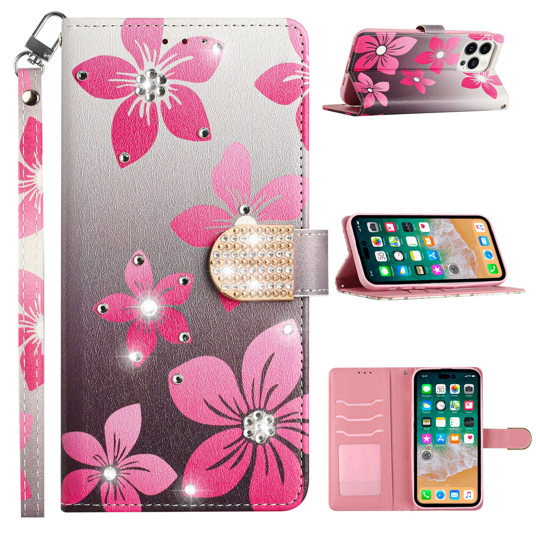 For iPhone 14 PRO Case Diamond Bling Stud Design Phone Wallet With Wristlet