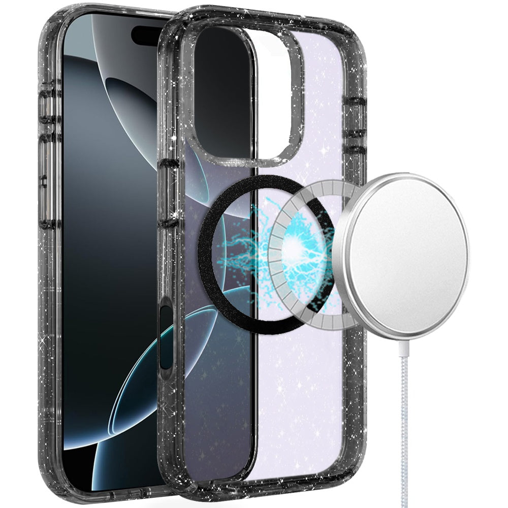 For iPhone 16 Pro 6.3in Case Magnetic Circle Shockproof Glitter + Tempered Glass