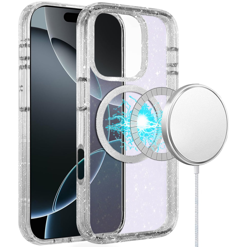 For iPhone 16 Pro 6.3in Case Magnetic Circle Shockproof Glitter + Tempered Glass