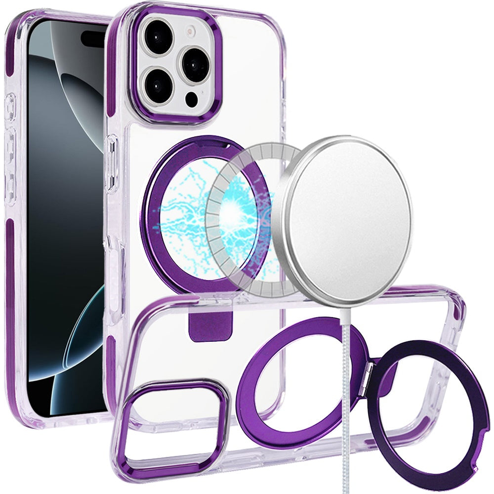 For iPhone 16 6.1inch Case Magnetic Circle Stand Transparent + Tempered Glass