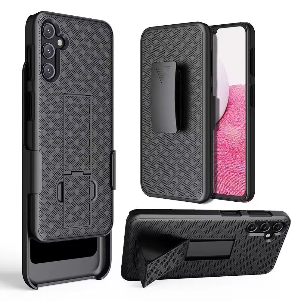 For iPhone 15 Case Textured 3in1 Belt-Clip Holster Kickstand + 2 Tempered Glass