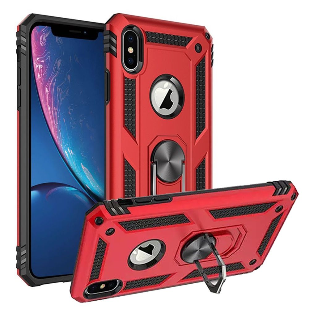 For iPhone XR Case Ring Magnetic Kickstand Protective Cover + Tempered Glass
