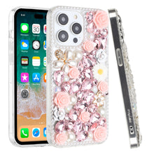 For iPhone 15 Pro Max Case Full Rhinestone 3D Rose Bling Cover +2 Tempered Glass