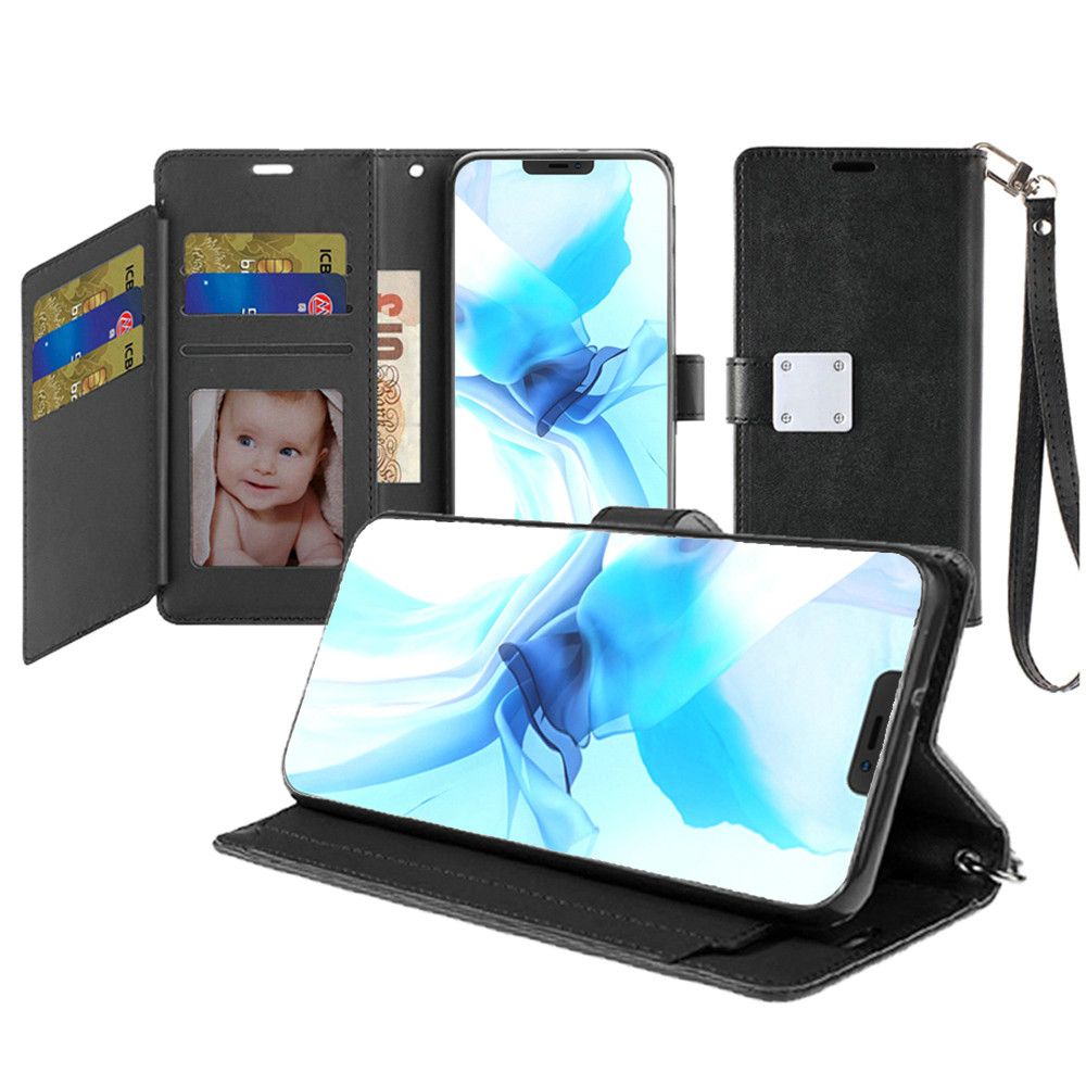 For iPhone 12 Pro Max Case PU Leather Wallet with Wrist strap + Tempered Glass