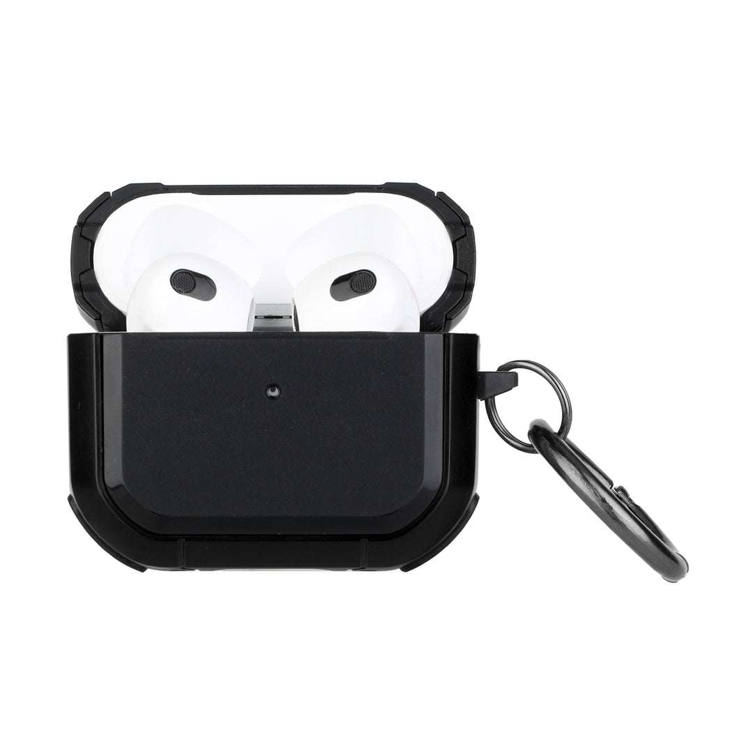 For AirPods 3 Premium Rugged ShockProof Hybrid With Metal Hook Case Cover- Black+Black