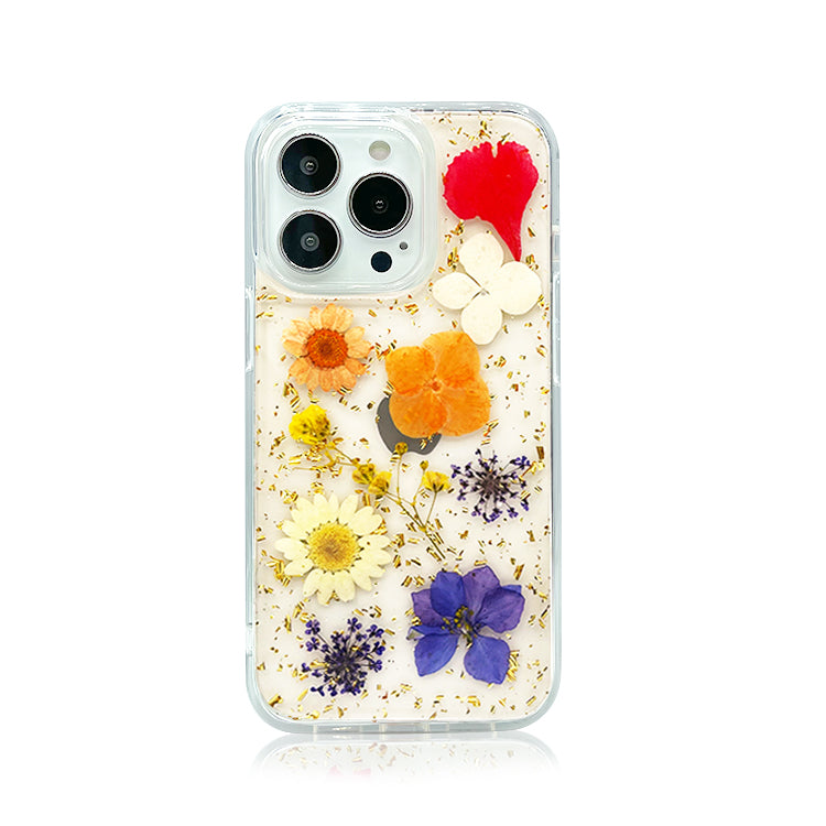 For iPhone 13 6.1 Fashion Real Flowers Epoxy Glitter Case Cover
