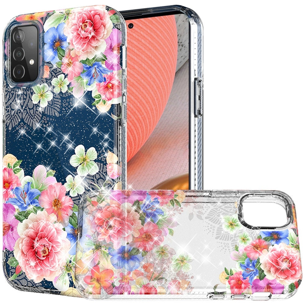 For Samsung Galaxy A72 5G BLOOM 2.5mm Floral Glitter TPU Design Case Cover