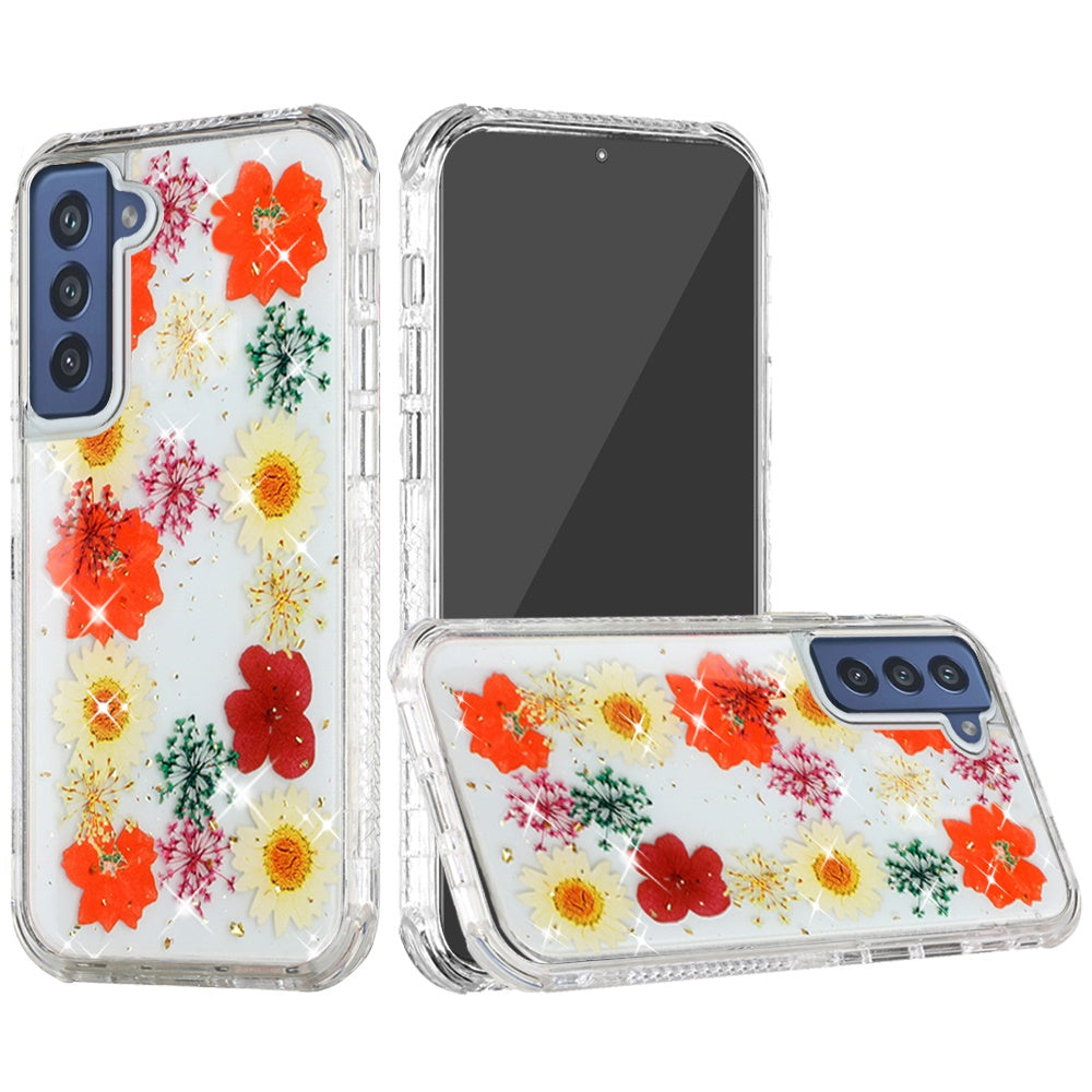 For Samsung Galaxy S21 FE Beautiful 3in1 Floral Epoxy Design Hybrid Case Cover