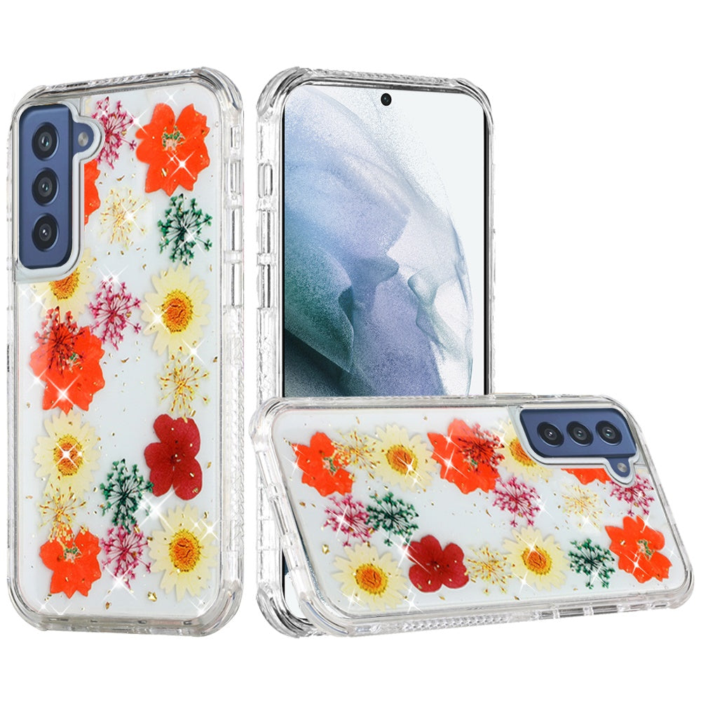 For Samsung Galaxy S22 Beautiful 3in1 Floral Epoxy Design Hybrid Case Cover