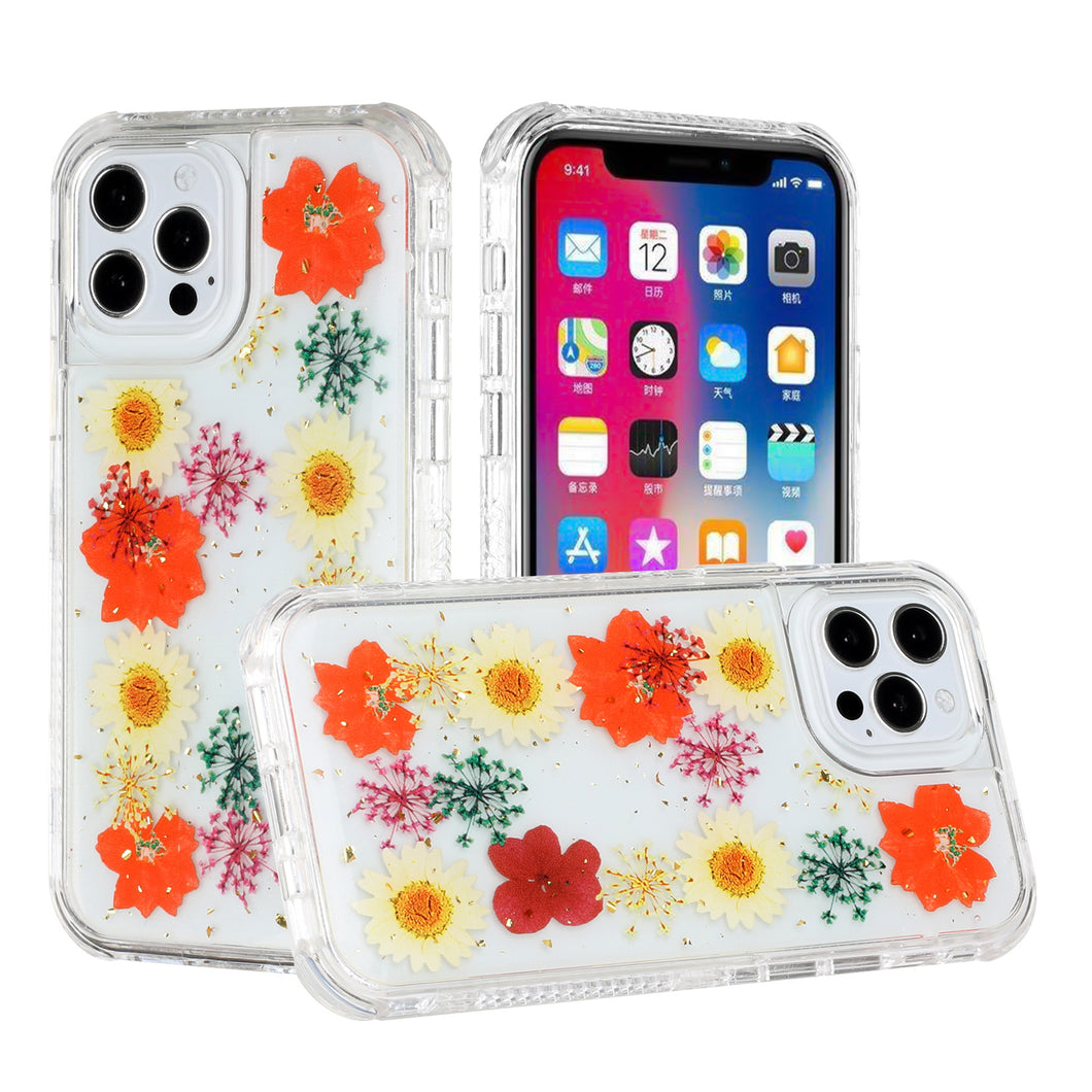 For iPhone 12/Pro (6.1 Only) Beautiful 3in1 Floral Epoxy Design Hybrid Case Cover