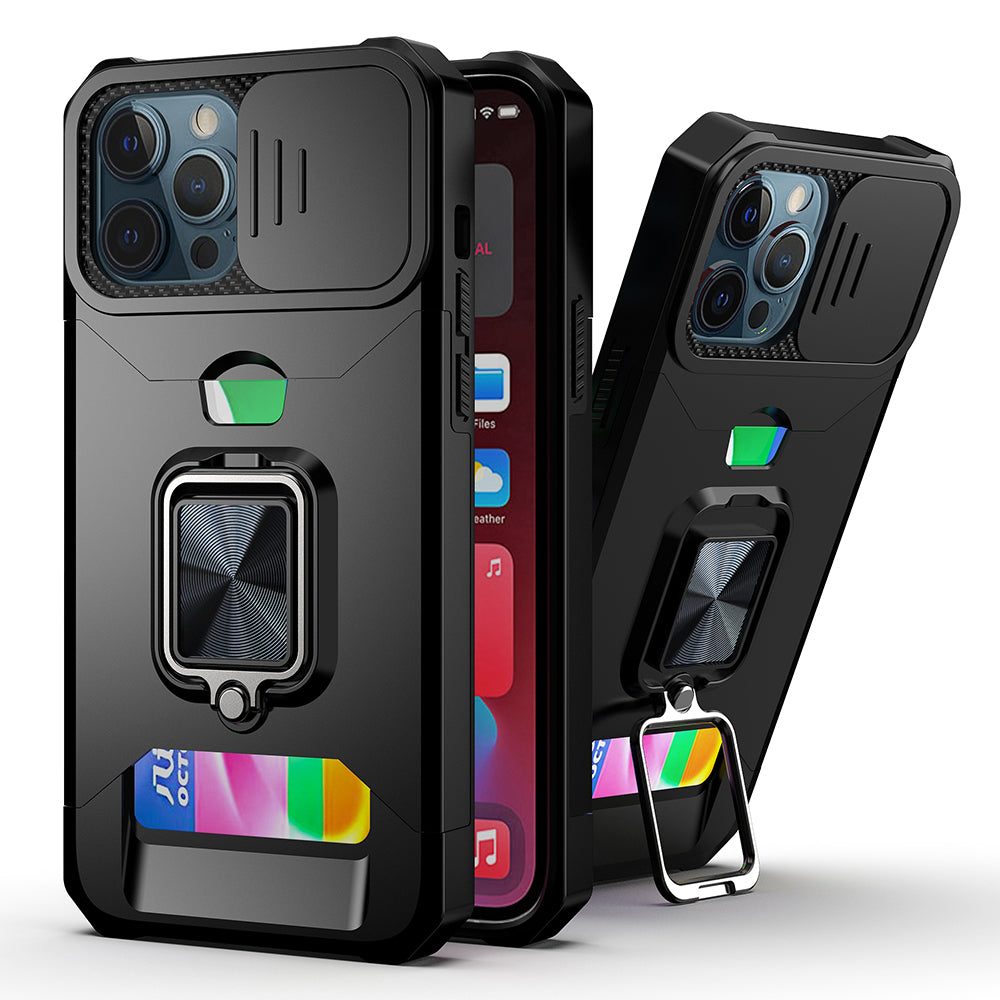 For iPhone 12/Pro (6.1 Only) Multi-Functional Card Magnetic Ring Stand Hybrid Camera Case Cover